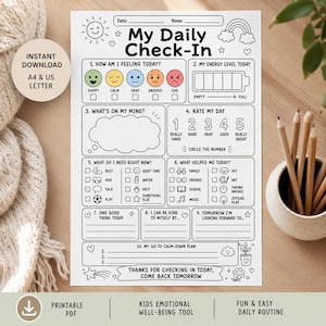 May include: A white paper sheet titled My Daily Check-In featuring black line art illustrations of a sun, rainbow, and hearts. The form includes ten sections for tracking feelings, energy levels, daily ratings, needs, and positive reflections.