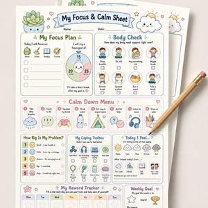 May include: A My Focus & Calm Sheet printable worksheet with sections for a focus plan, body check, calm down menu, problem scale, coping toolbox, feelings tracker, and reward tracker, featuring pastel illustrations and a wooden pencil.