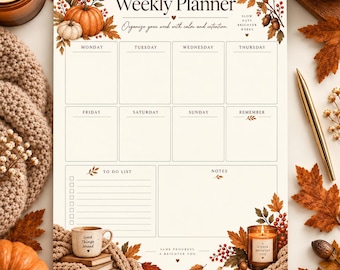 Può includere: Un foglio di pianificazione settimanale con illustrazioni autunnali di zucche, ghiande e foglie secche. Il layout include sezioni per ogni giorno della settimana, una lista di cose da fare e note. Il testo include Weekly Planner, Organize your week with calm and intention, Slow days brighter weeks, Good Things Ahead e A Kinder Brighter You.