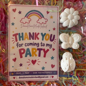 May include: A rectangular card with a rainbow graphic and the text THANK YOU for coming to my PARTY, accompanied by three white moulded shapes: a flower, a butterfly, and a ladybug, all packaged together in a clear plastic bag with colourful paper shreds.