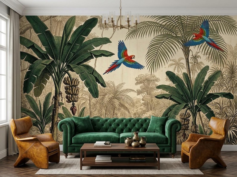 Vintage Tropical Jungle Mural Wallpaper, Sage Green Botanical Wall