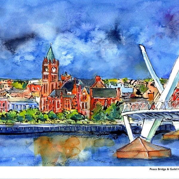 The Peace Bridge & Guild Hall Derry/Londonderry - Northern Ireland A4 Watercolour Print | Ireland / Irish Landscape Giclee Print