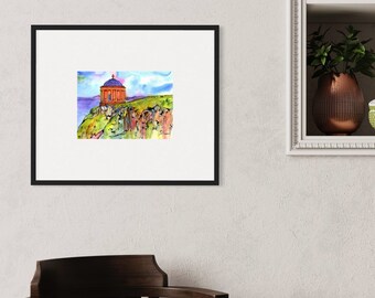 May include: Watercolour painting of a small, orange building with a white dome on a cliff overlooking the sea. The sky is blue with white clouds.