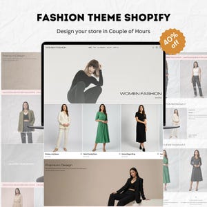Può includere: Una visualizzazione digitale di un modello di sito web Shopify intitolato FASHION THEME SHOPIFY, con una combinazione di colori beige e bianco. L'interfaccia mostra vari capi di abbigliamento, tra cui blazer, abiti e pantaloni, con un badge 40% off.