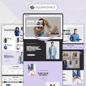 Könnte beinhalten: Eine digitale Darstellung eines Squarespace-Website-Layouts mit mehreren Webseiten. Das Design enthält Fotografien von Personen, eine kräftige schwarz-weiße Typografie und hellviolette Akzente. Der Text umfasst Creating Distinct Brands Through Impactful Marketing und We Don't Follow The Formula.