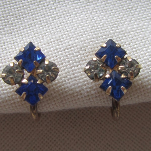 Vintage 12 kt gold filled De Curtis screw back earring with blue rhinestones