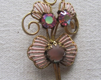 Vintage painted pink rhinestones and lucite flower brooch