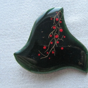 Vintage green enamel and red flowers copper brooch