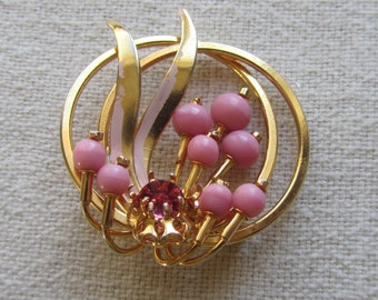 Vintage gold tone Austria pink beads and rhinestone brooch