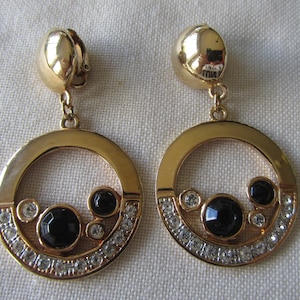 Vintage gold tone dangle black and clear rhinestones clip on earrings