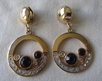 Vintage gold tone dangle black and clear rhinestones clip on earrings