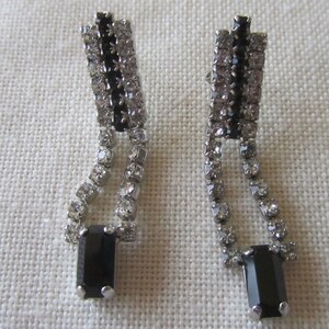 Vintage silver tone black and clear rhinestones pin earrings