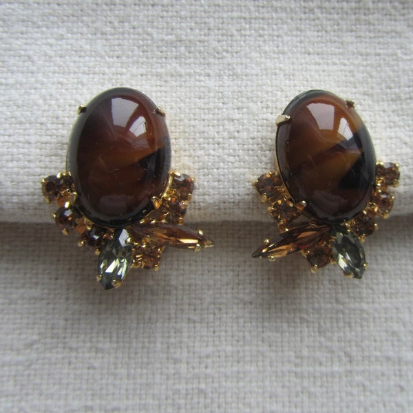 Vintage gold tone brown lucite and rhinestones Avon clip on earrings