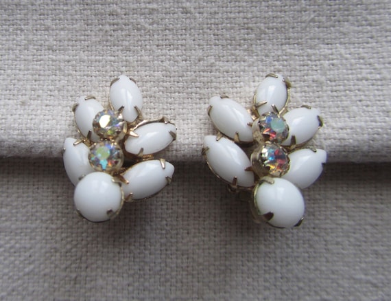 Vintage Continental white milk glass clip on earr… - image 1