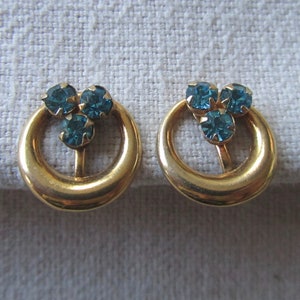 Vintage gold tone blue rhinestones crew back earrings