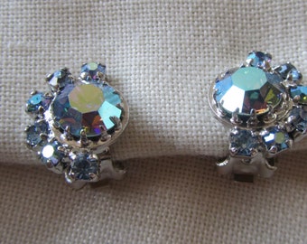 Vintage silver tone Continental blue rhinestones clip on earrings