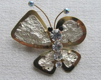 Vintage gold tone butterfly brooch with rhinestones