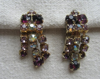 Vintage gold tone dark and light purple rhinestones clip on earrings