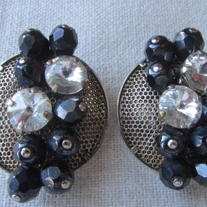 Vintage silver tone black czech beads and rhinestones clip on earrings
