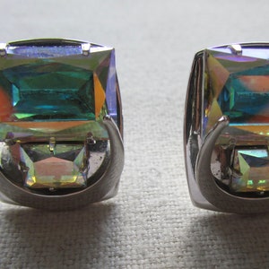 Vintage silver tone pair of cufflinks with large rhinestones