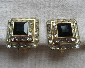 Vintage gold tone square clip on earrings with black and clear rhinestones