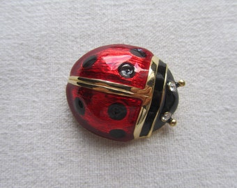 Vintage gold tone red and black enamel large lady bug brooch