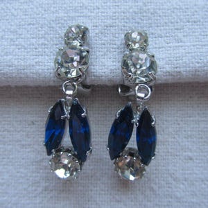 Vintage silver tone clear and blue rhinestones clip on earrings