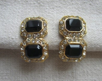 Vintage black and clear rhinestones small squares clip on earrings