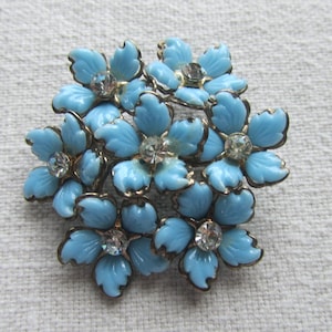 Vintage blue flowers with rhinestones brooch
