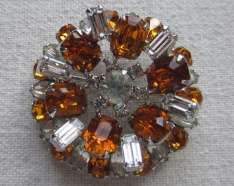 Vintage silver tone double layer clear and orange rhinestones brooch