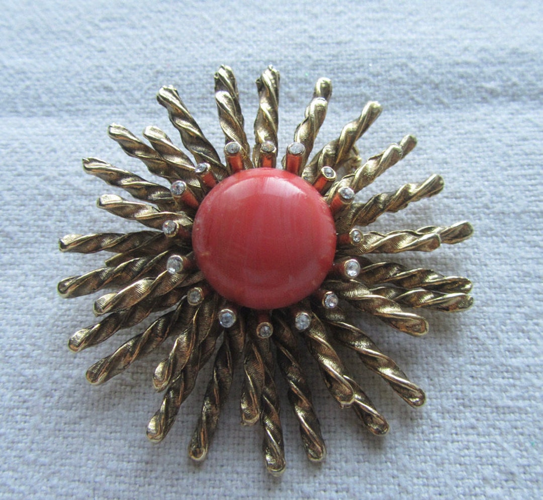 Broche Vintage Fleur Cuivre – Cabochon Verre Orange, Modèle #K31, Bijou Rétro