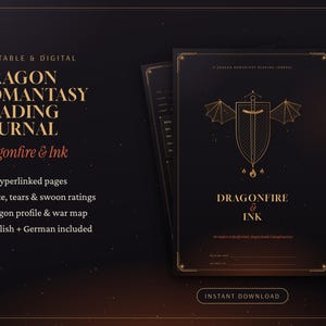 Könnte beinhalten: Ein digitales Lesetagebuch mit dem Titel Dragon Romantasy Reading Journal Dragonfire & Ink. Das schwarze Cover zeigt goldene Linienzeichnungen eines Schwerts und Schilds mit Drachenflügeln sowie Details zu 19 verlinkten Seiten.