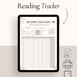 Könnte beinhalten: Ein digitales Tablet mit einer Lese-Tracker-Vorlage mit dem Text Reading Tracker, track your books, grow your mind und einer Tabelle für Buchtitel, Autoren, Genres, Daten und Sternebewertungen. Enthält PDF-, Drucker- und Tablet-Symbole.