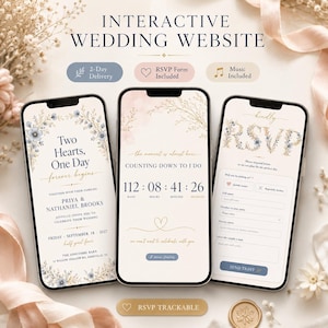 May include: Three smartphones displaying an interactive wedding website template. The screens show floral-themed invitation details, a countdown timer, and an RSVP form with fields for names, party size, dietary notes, and a message submission button.