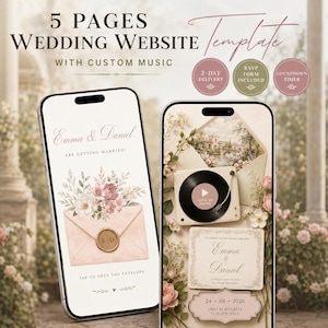 Op de afbeelding: Twee smartphones met een 5-pagina trouwwebsite sjabloon. De schermen tonen bloemenillustraties, een roze envelop met een waszegel, een platenspeler-afbeelding en tekst waaronder Emma & Daniel are getting married en 24 08 2026.