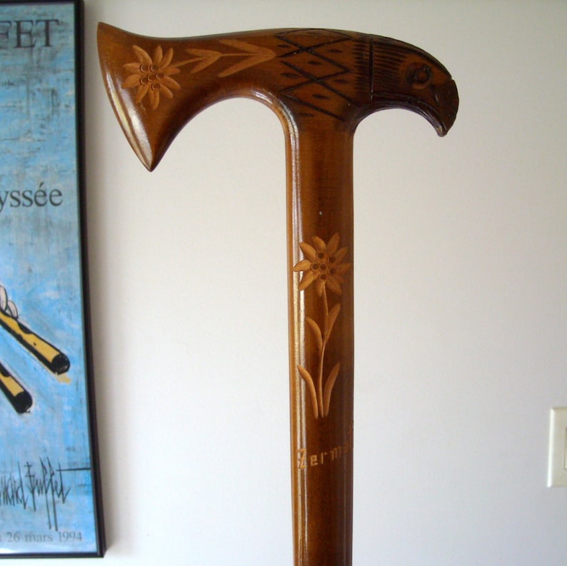 Vintage Zermatt Switzerland Souvenir Wood Cane Carved Folk Bird and
