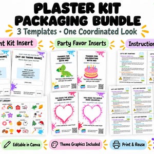 Puede incluir: Un paquete digital de plantillas para empaques de kits de yeso que incluye insertos para kits de pintura, insertos para recuerdos de fiesta y tarjetas de instrucciones. Contiene una biblioteca de elementos gráficos editables en Canva.