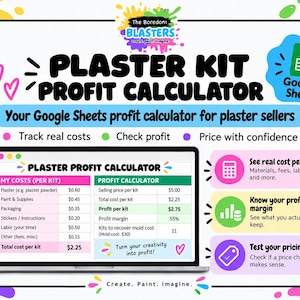 Puede incluir: Una calculadora de beneficios para kits de yeso digital para Google Sheets de The Boredom Blasters. El gráfico muestra la pantalla de un portátil con una hoja de cálculo de costes y beneficios con columnas de análisis de margen.