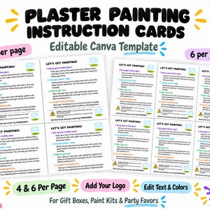 May include: Plaster painting instruction cards as an editable Canva template. The image displays two sheets of instructions, one with four cards per page and one with six cards per page. Text includes Let's Get Painting, instructions, and warnings.