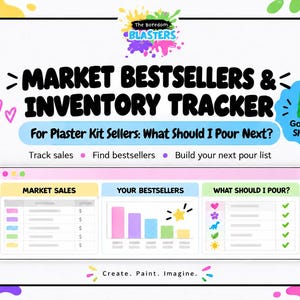 May include: A digital Market Bestsellers & Inventory Tracker for Google Sheets, featuring the text 'The Boredom Blasters', 'Market Bestsellers & Inventory Tracker', 'For Plaster Kit Sellers: What Should I Pour Next?', and 'Create. Paint. Imagine.'