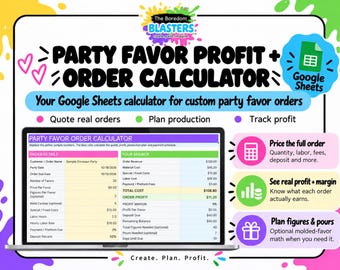 Pode incluir: Uma calculadora digital de lucros e pedidos de lembrancinhas para Google Sheets. A interface exibe detalhes do pedido, receita, custos de materiais, mão de obra e margens de lucro. Inclui ícones para precificação e planejamento.