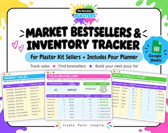 Pode incluir: Um rastreador digital de bestsellers e inventário para vendedores de kits de gesso, com o logótipo do Google Sheets e três vistas de folhas de cálculo: Market Sales, Your Bestsellers e What Should I Pour, com o texto Create. Paint. Imagine.