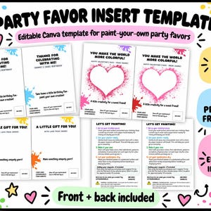 May include: A digital party favor insert template featuring paint-themed graphics, heart illustrations, and instructional text. The layout includes placeholders for names, ages, and logos, with sections for front and back designs, all fully editable in Canva.