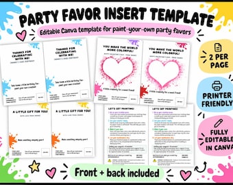 Pode incluir: Um modelo digital de inserção para lembrancinhas de festa com gráficos de pintura, ilustrações de corações e texto instrutivo. O layout inclui espaços para nomes, idades e logotipos, com seções para frente e verso, totalmente editável no Canva.