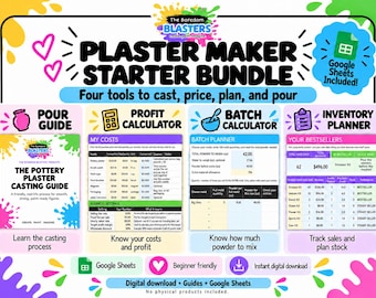 Może przedstawiać: Pakiet startowy Plaster Maker od Boredom Blasters to cyfrowy plik do pobrania zawierający przewodnik po odlewaniu gipsu, kalkulator zysków, kalkulator partii oraz planer zapasów, wszystko w formie arkuszy Google Sheets do zarządzania biznesem.