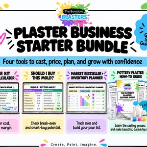 May include: A digital business starter bundle for plaster casting featuring four tools: a profit calculator, a mould purchase guide, an inventory planner, and a pottery plaster how-to guide. The graphic includes text, colourful icons, and charts.