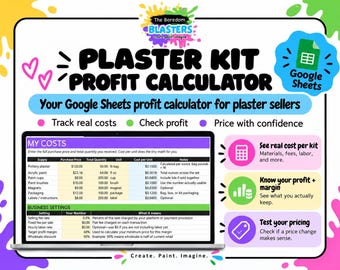 Pode incluir: Uma calculadora de lucro digital para kits de gesso exibida na tela de um laptop, com uma interface do Google Sheets com tabelas de custos. O gráfico inclui o texto The Boredom Blasters Plaster Kit Profit Calculator.