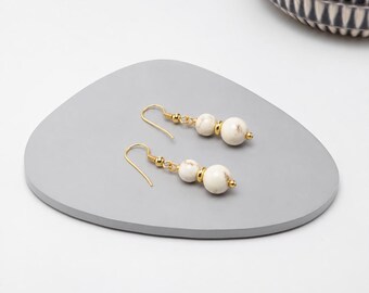 White Howlite Drop Earrings, Ivory Stone Dangle Earrings, Gold Boho Jewelry, White Bead Earrings, Minimalist Gift for Her
