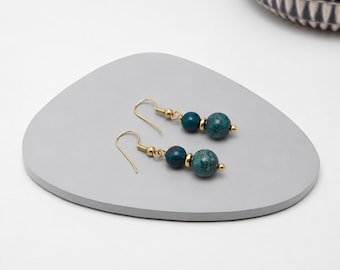 Turquoise Drop Earrings, Boho Jasper Bead Dangle Earrings, Gold Southwestern Jewelry, Turquoise Color Stone Gift for Her