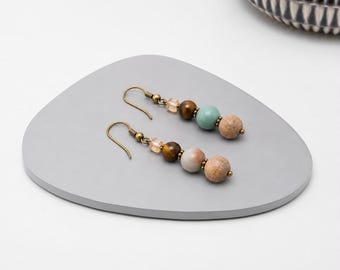 Tiger Eye Amazonite Earrings, Multi Stone Drop Earrings, Bronze Boho Dangle Earrings, Natural Stone Jewelry Gift for Her